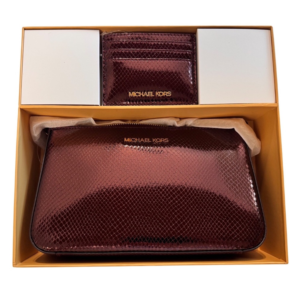 Michael Kors Oxblood Metallic Snakeskin Crossbody Bag and Card Holder Gift Set